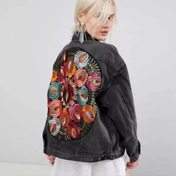 New Boho Embroidered Patch Denim Jean Jacket Oversized Coat Black - Picture 3 of 12